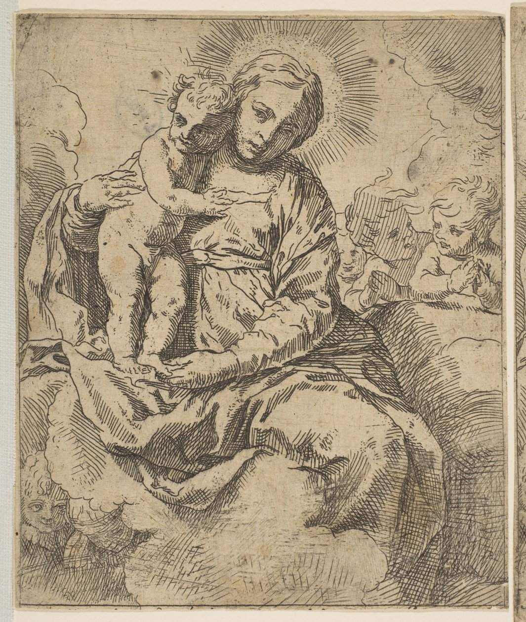 Madonna en Kind zittend op wolken en omringd door engelen, kopie in omgekeerde richting, ca. 1639 of later door Unbekannt