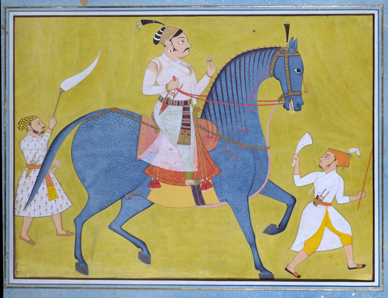 Maharaja Pratap Singh van Sawar te paard, met twee bedienden te voet, ca. 1700 door Unbekannt