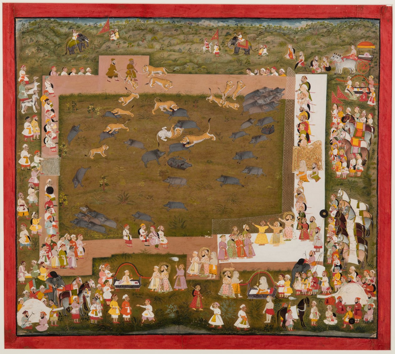 Maharaja Sangram Singh en zijn hofhouding observeren een gevecht tussen tijgers en zwijnen in Sadri, ca. 1720 door Unbekannt