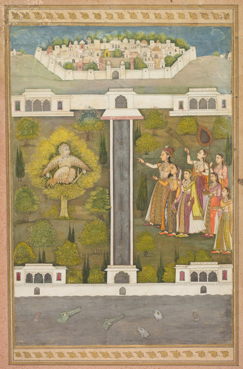 Mahliqa, dochter van de keizer van China, wijzend naar de vogelman Khwaja Mubarak..., ca. 1710 door Unbekannt