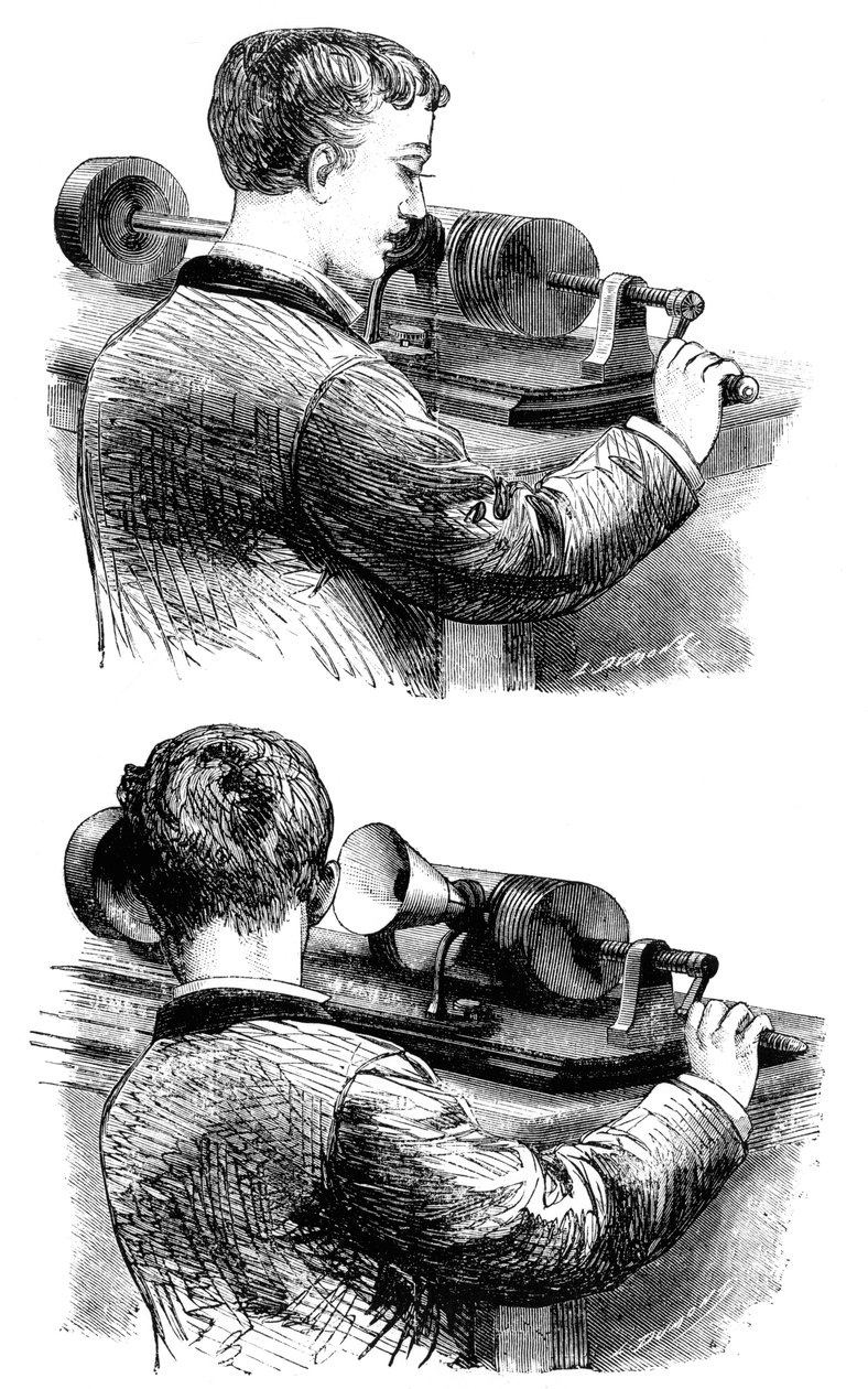 Een opname maken met, en luisteren naar, de eerste Edison Fonograaf, 1878 door Unbekannt