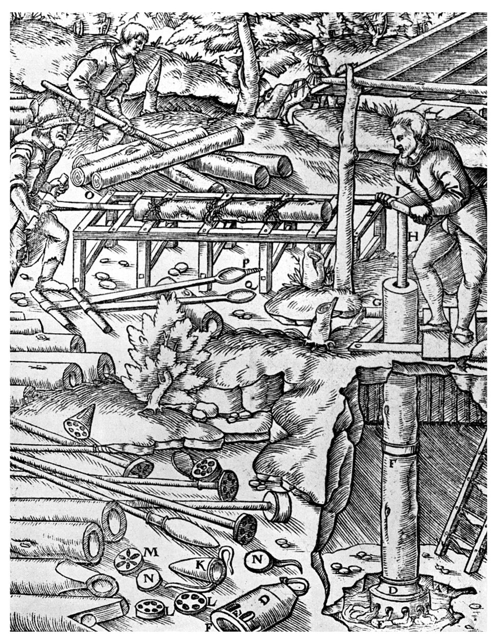 Het maken en gebruiken van iepenhouten pompen om mijnen te draineren vóór de tijd van de stoommachine, 1556, 1956 door Unbekannt