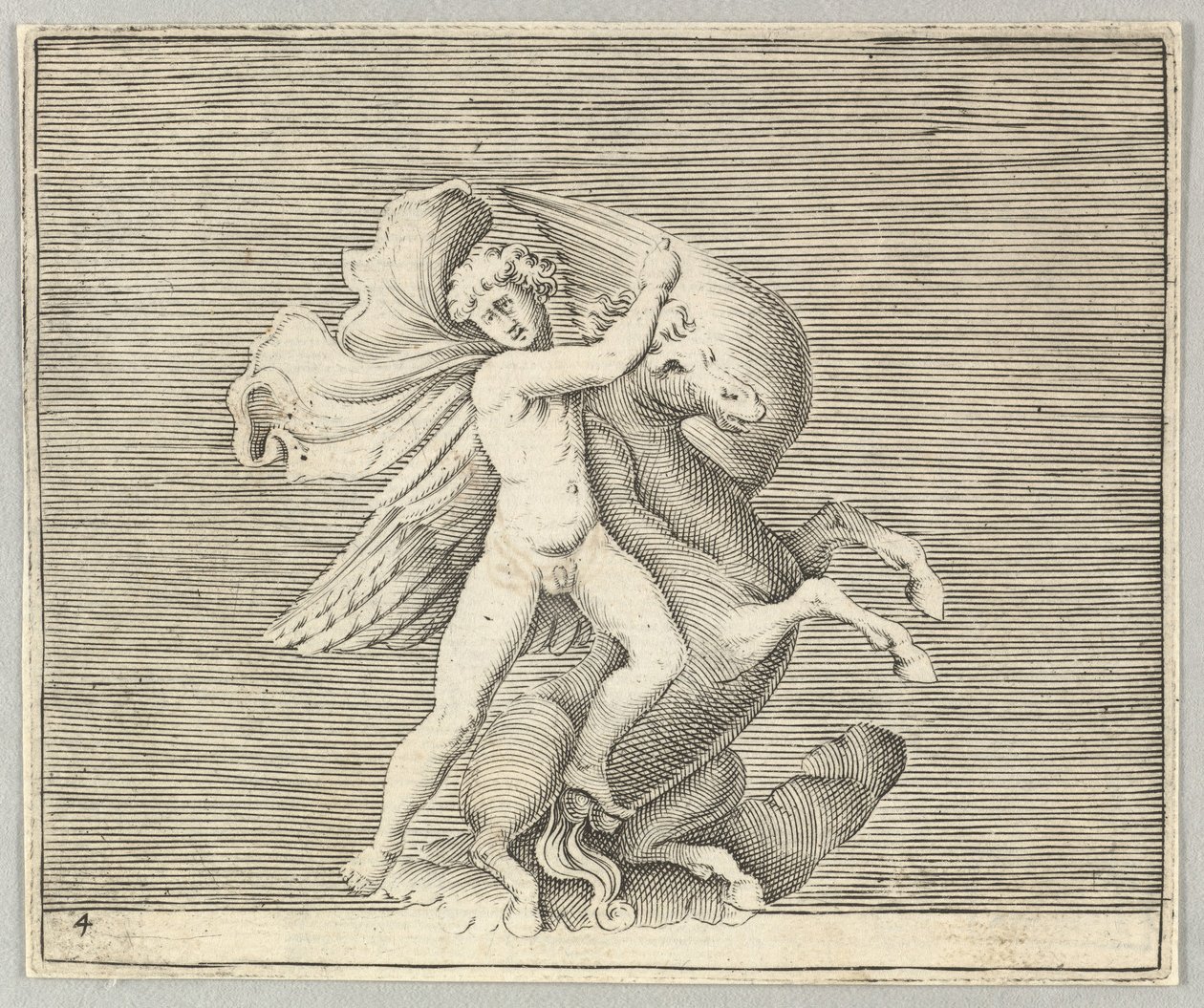 Man worstelt met gevleugeld paard, gepubliceerd ca. 1599-1622 door Unbekannt