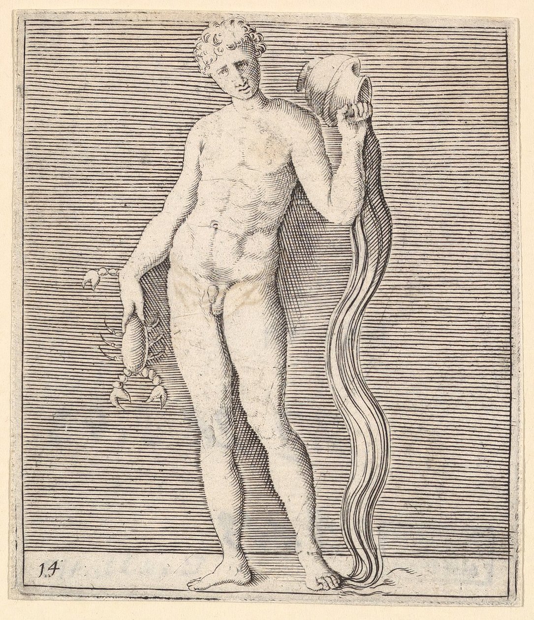 Man met rivierkreeft en urn van water, gepubliceerd ca. 1599-1622 door Unbekannt