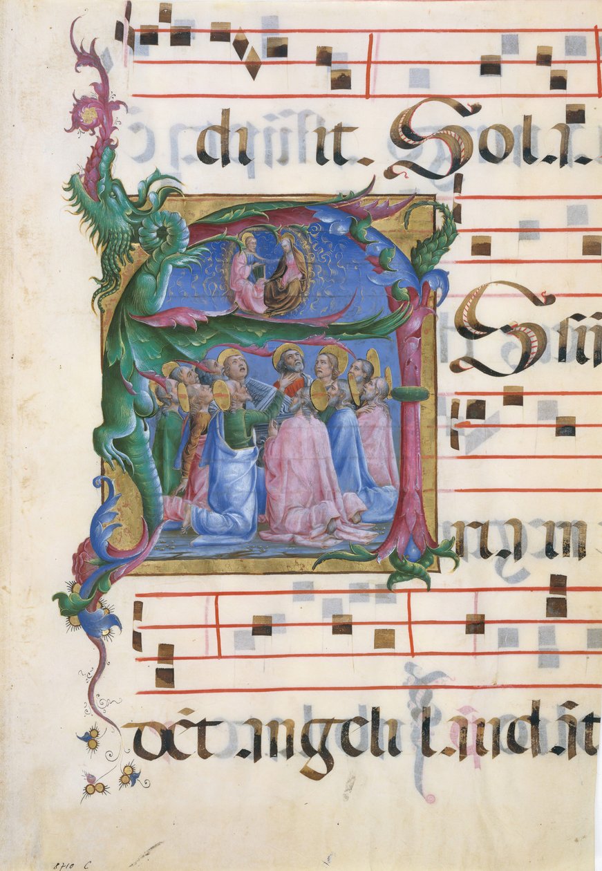 Manuscriptverlichting met de tenhemelopneming van de Maagd in een initiaal A..., Italiaans, 1450-60 door Unbekannt