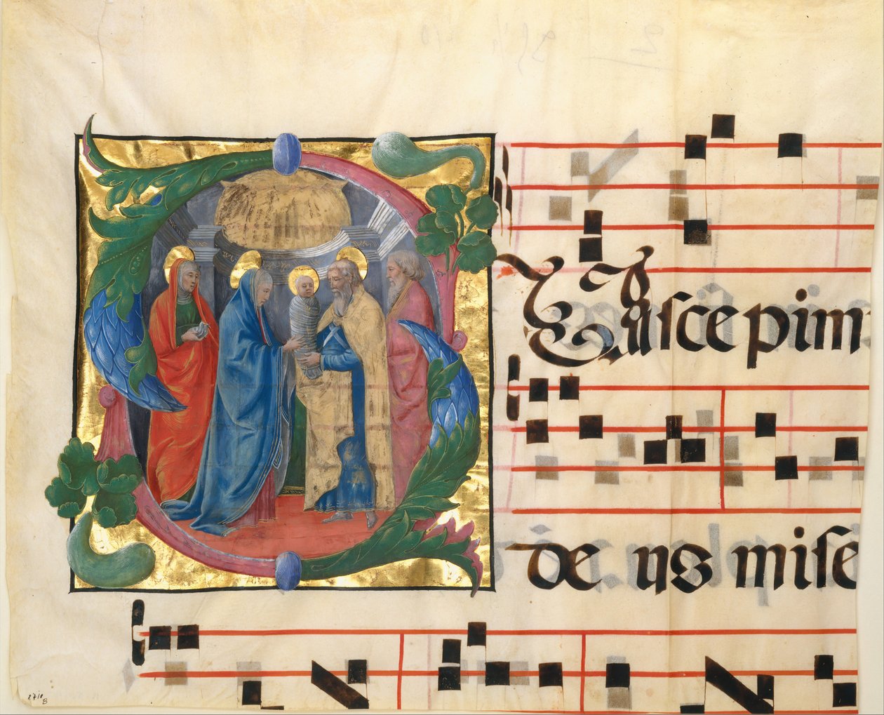 Manuscriptverlichting met de Presentatie in de Tempel in een Initiaal S, uit een Graduale, 1450-60 door Unbekannt