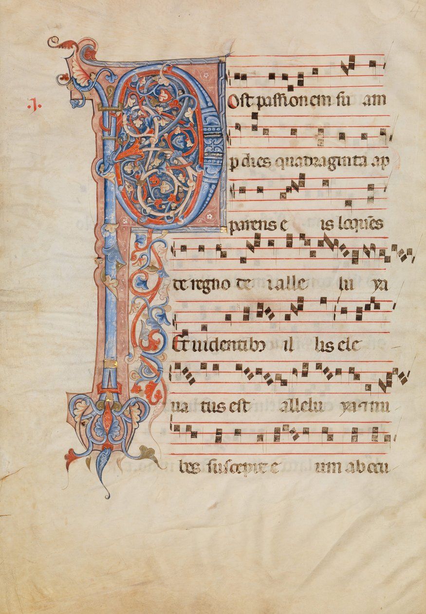 Manuscriptblad met Gebladerde Initiaal P, uit een Antifonarium, Italiaans, ca. 1250-60 door Unbekannt