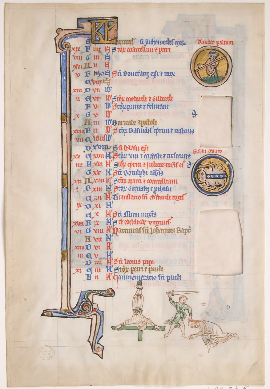 Manuscriptblad met junikalender, uit een koninklijke psalter, 13e eeuw door Unbekannt