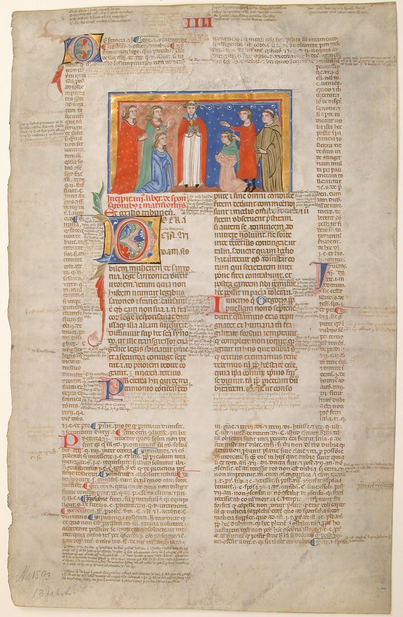 Manuscriptblad met huwelijkscène, uit Decretalen van Gregorius IX, Italiaans door Unbekannt