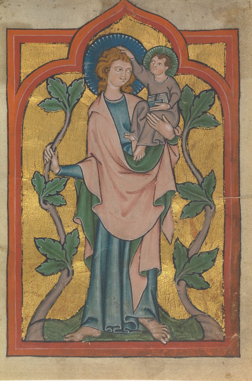 Manuscriptblad met Sint Christoffel die Christus draagt, Duits of Zwitsers, begin 14e eeuw door Unbekannt