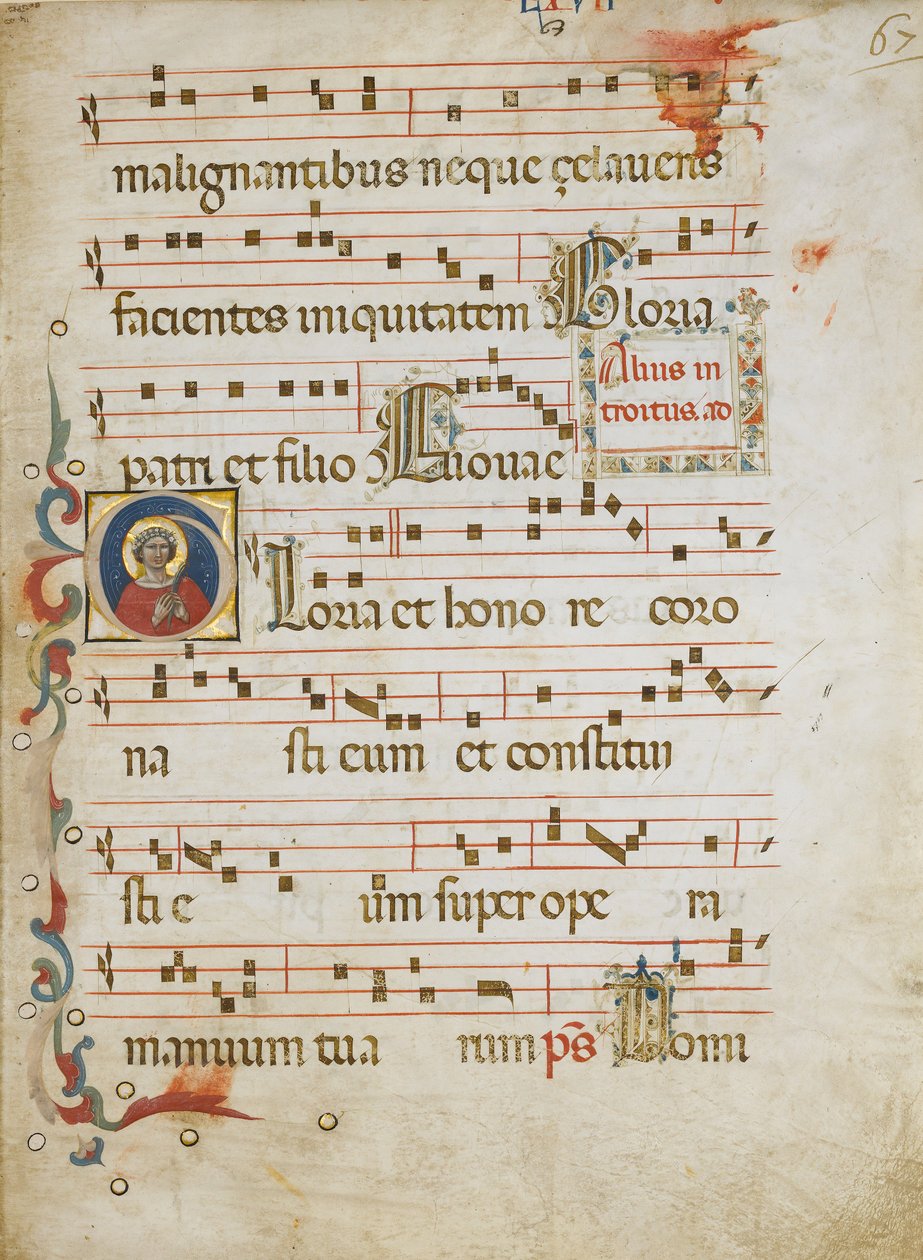 Manuscriptblad met een vrouwelijke heilige mogelijk Dorothy in een Initiaal G, uit een Graduale, ca. 1330-40 door Unbekannt