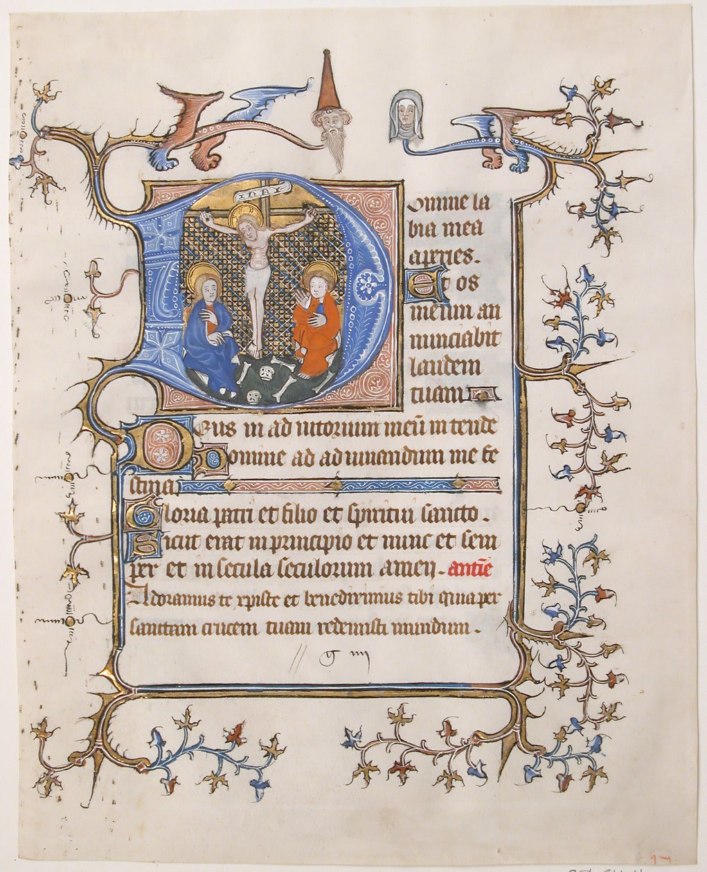 Manuscriptblad met de Kruisiging in een initiaal D, uit een getijdenboek, ca. 1350 door Unbekannt
