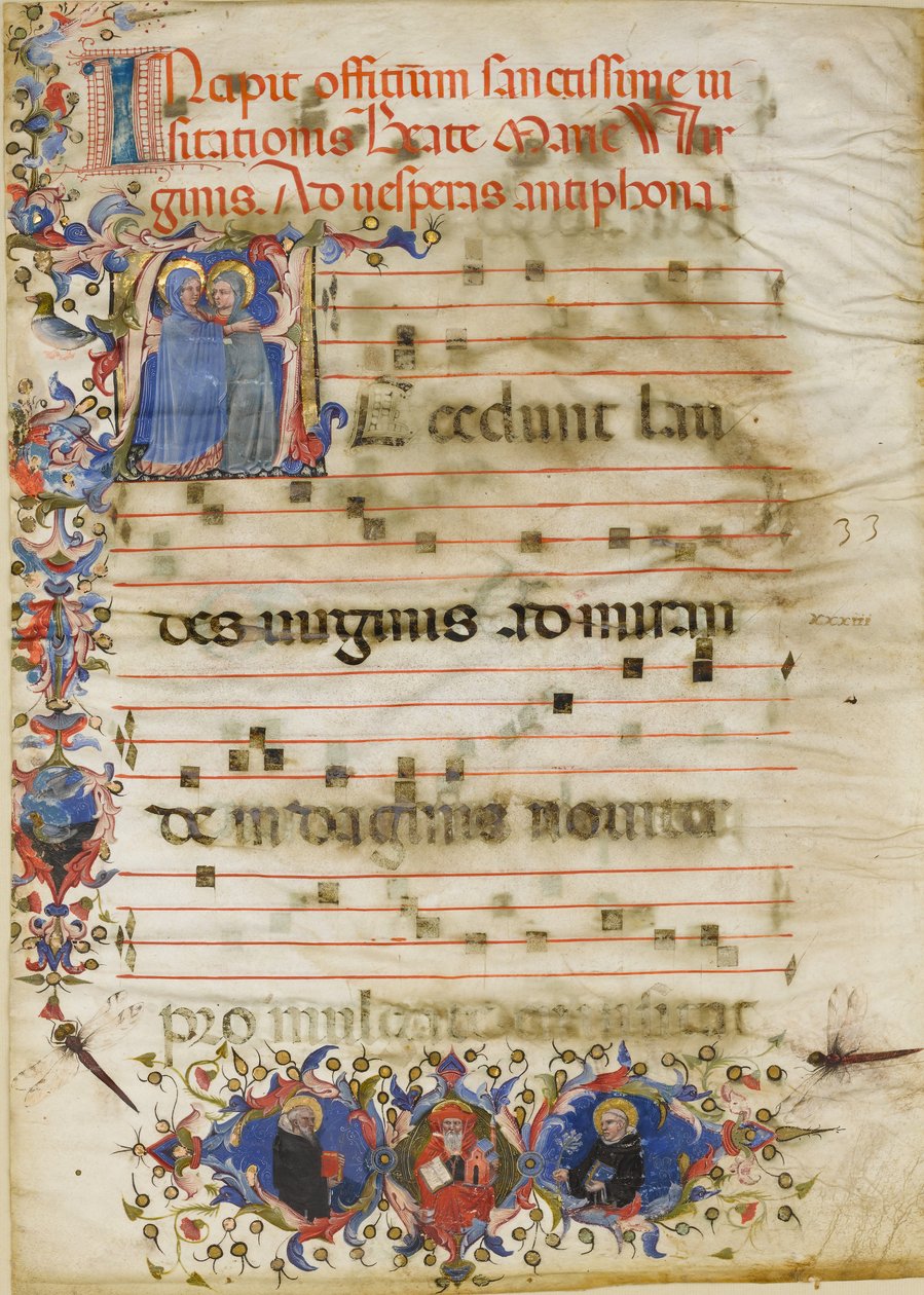 Manuscriptblad met de Visitatie in een Initiaal A en Kardinaal Adam Easton..., ca. 1400 door Unbekannt