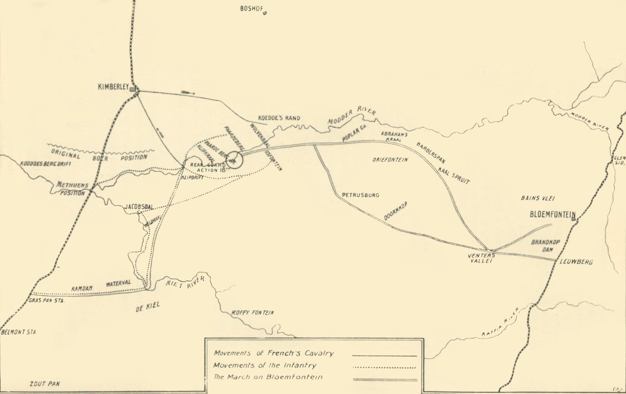 Kaart die de bewegingen illustreert voor de verlichting van Kimberley en de verovering van Bloemfontein, 1901 door Unbekannt