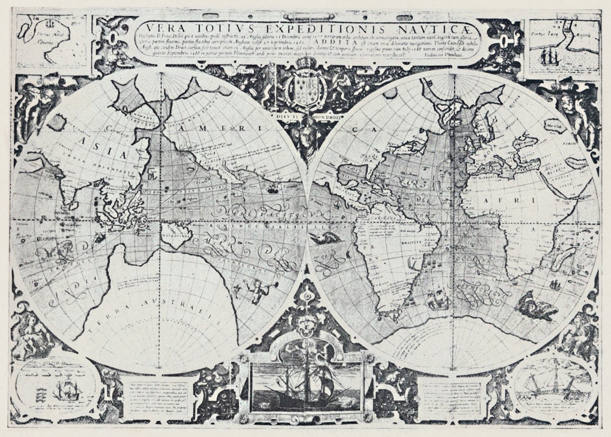 Kaart met de reis van Drake om de wereld 1577-1580, 1923 door Unbekannt