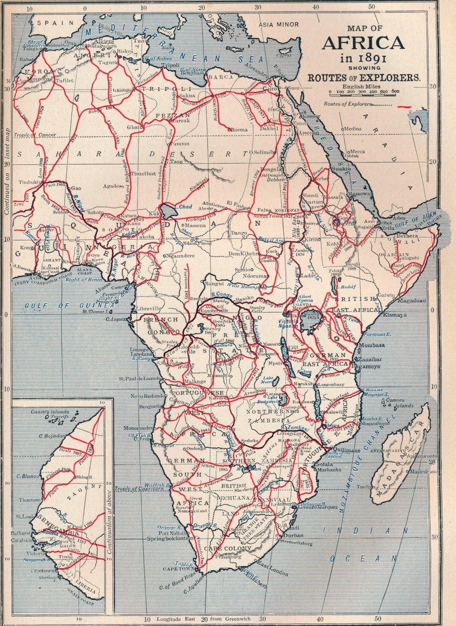Kaart van Afrika in 1891 met routes van ontdekkingsreizigers door Unbekannt