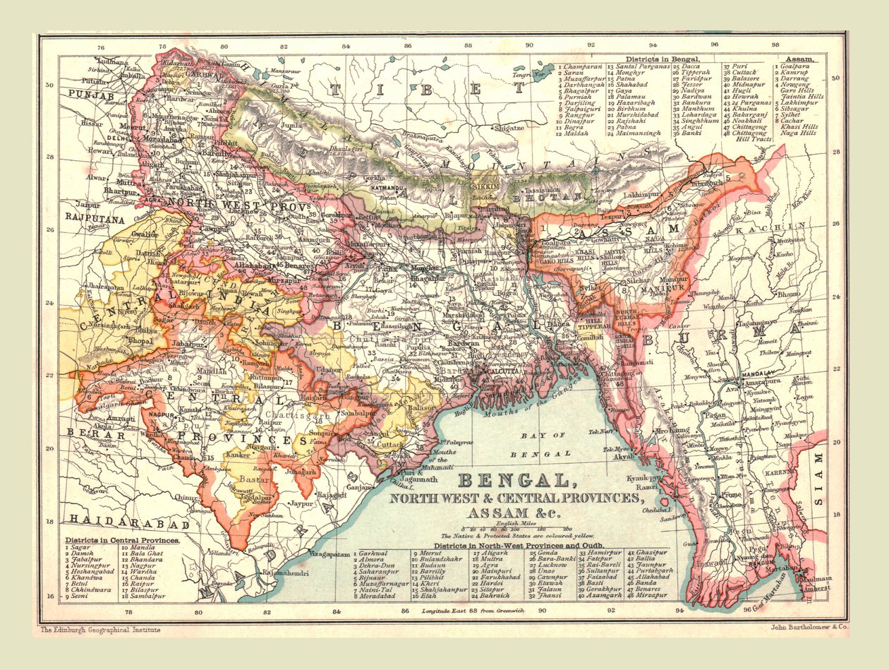Kaart van Bengalen, de Noordwestelijke en Centrale Provincies, en Assam, 1902 door Unbekannt