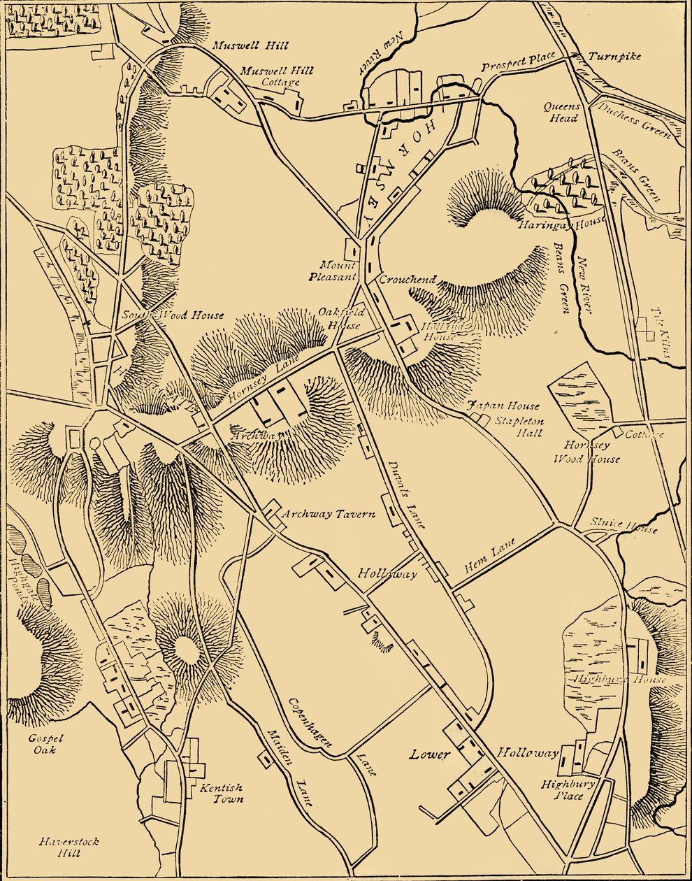 Kaart van Hornsey en Omgeving in 1819, ca. 1876 door Unbekannt