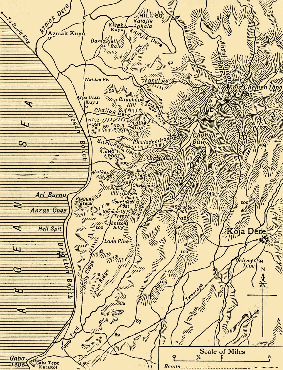 Kaart van Sari Bair, Gallipoli-schiereiland, Eerste Wereldoorlog, 1915, ca. 1920 door Unbekannt