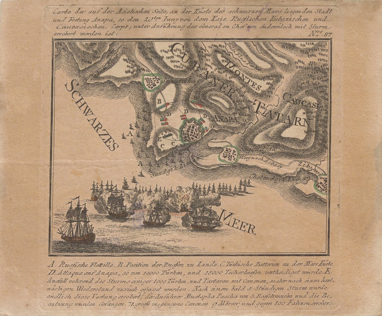Kaart van de verovering van het zee fort Anapa door Russische troepen aan de Zwarte Zee in juni 1791, 1791 door Unbekannt
