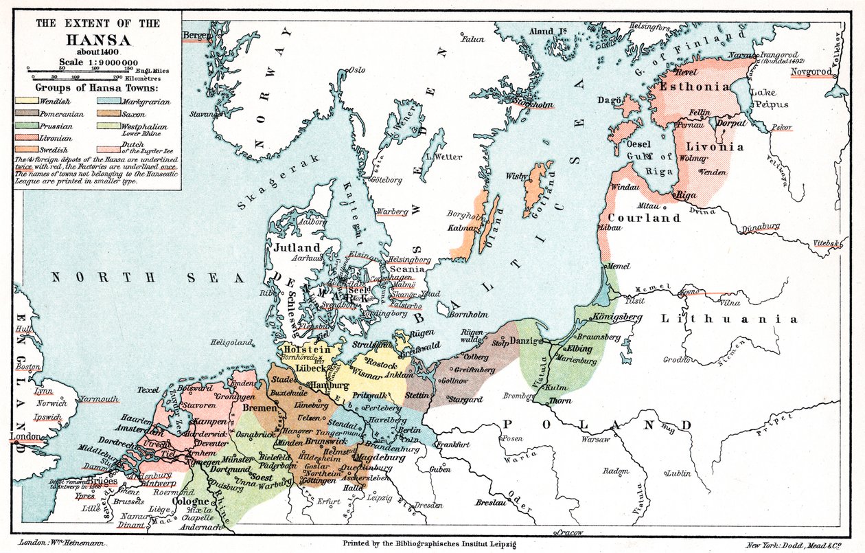 Kaart van de omvang van de Hanze rond 1400 door Unbekannt