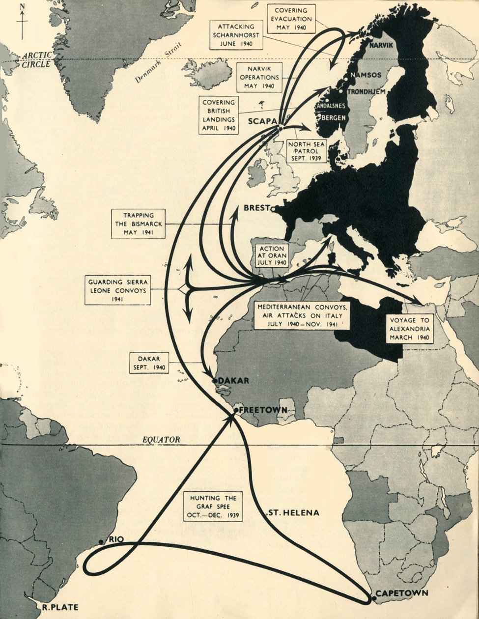 Kaart met de bewegingen van HMS Ark Royal, 1939-1941, 1942 door Unbekannt