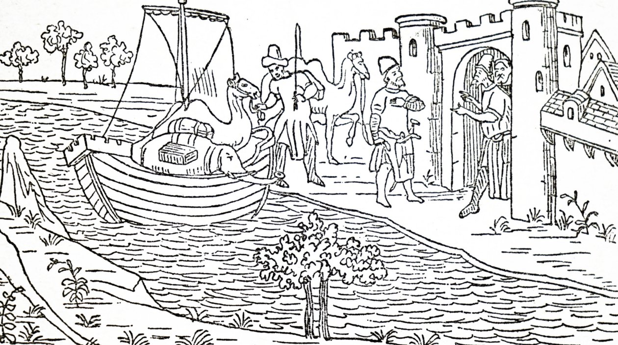 Marco Polo en zijn ooms arriveren in Hormuz door Unbekannt