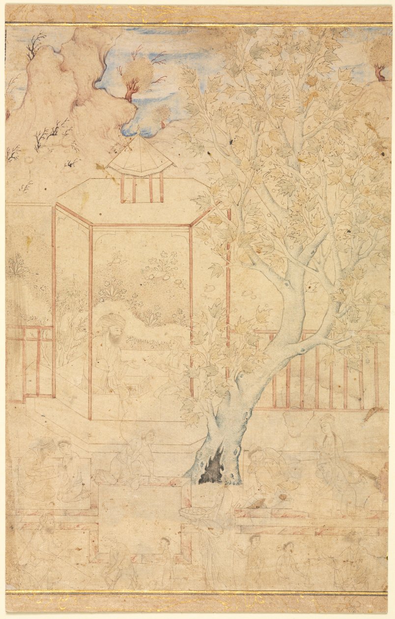 Meester en discipel in een tuinpaviljoen, enkele pagina illustratie, ca. 1570-1590s door Unbekannt