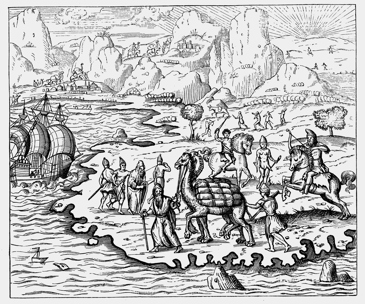 Kooplieden die goederen naar de kust en een wachtend schip vervoeren per kameel, 1575 door Unbekannt