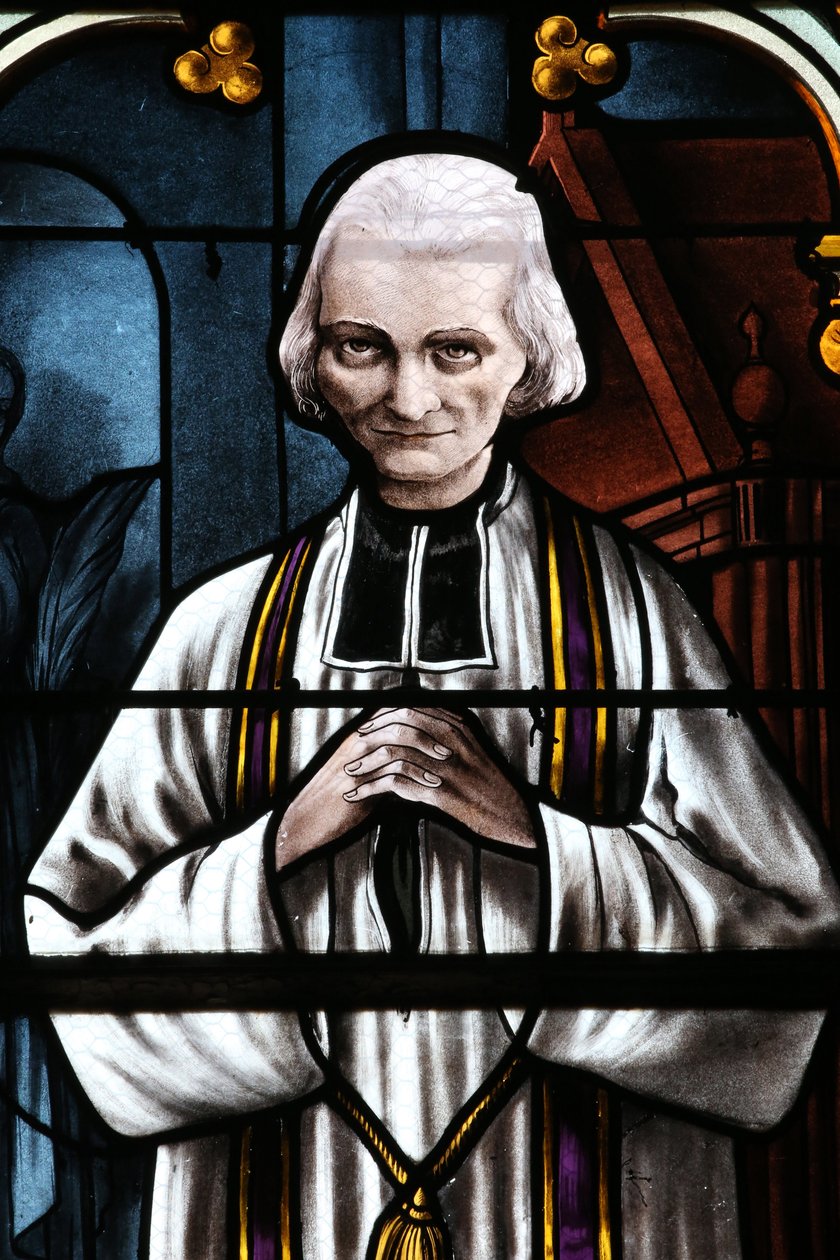 Mezilles kerk. Glas-in-loodraam. Sint Johannes Maria Vianney. Pastoor van Ars door Unbekannt
