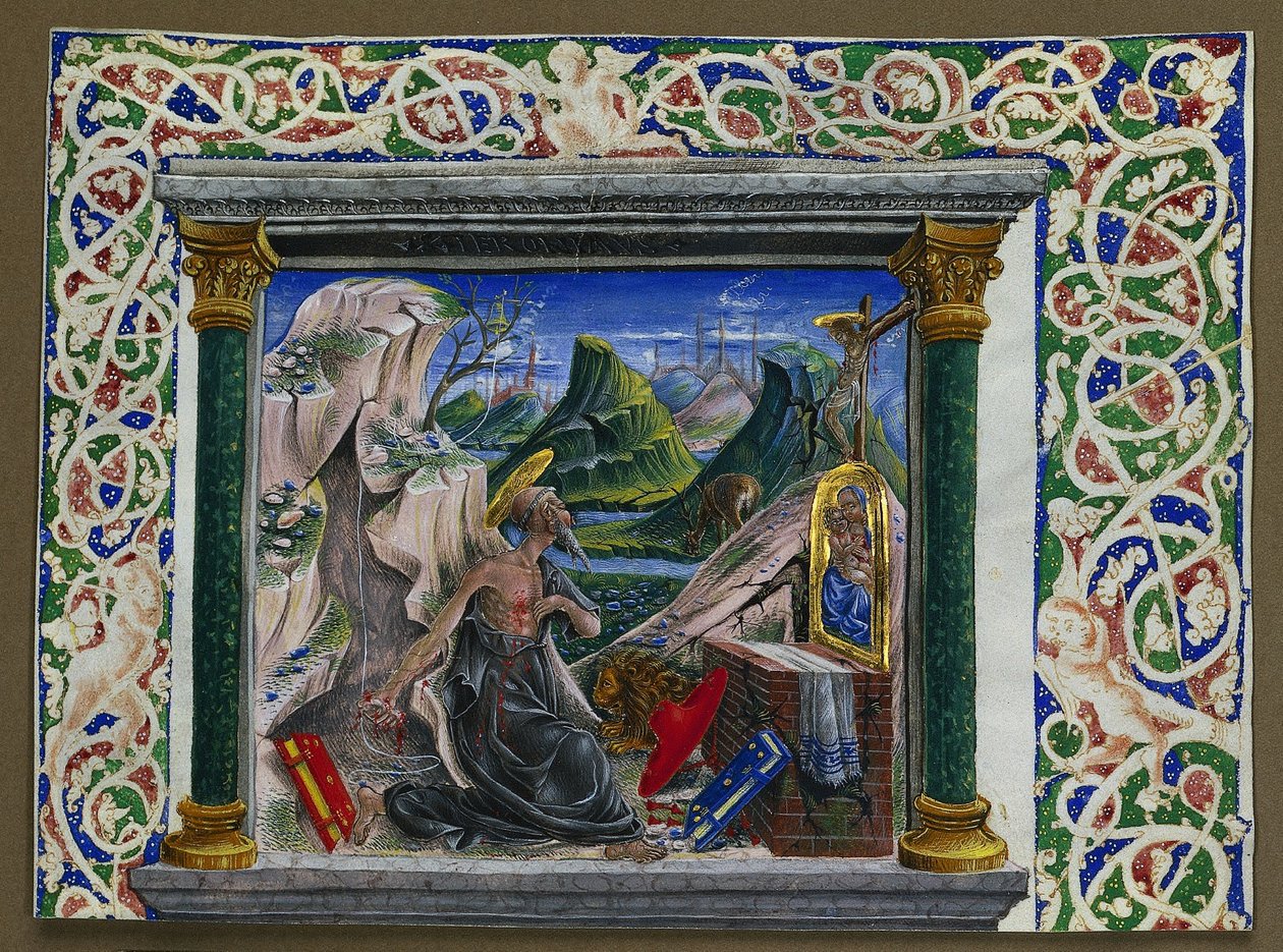 Miniatuur Uitgesneden uit een Manuscript: Sint Hiëronymus in de Wildernis, ca. 1500 door Unbekannt