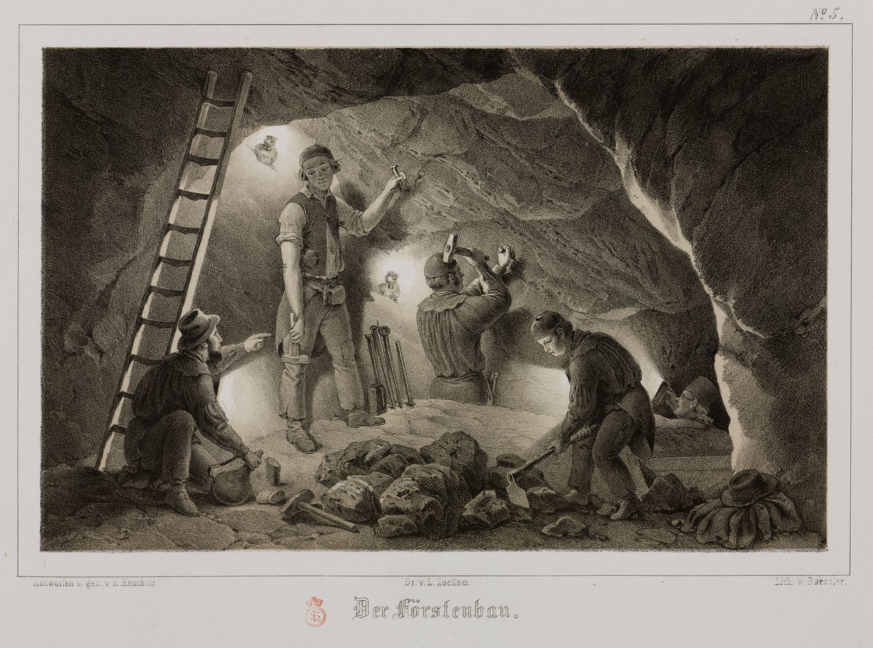 Mijnbouw, metaalertsen mijnwerkers, Duitsland, ca. 1851 door Unbekannt