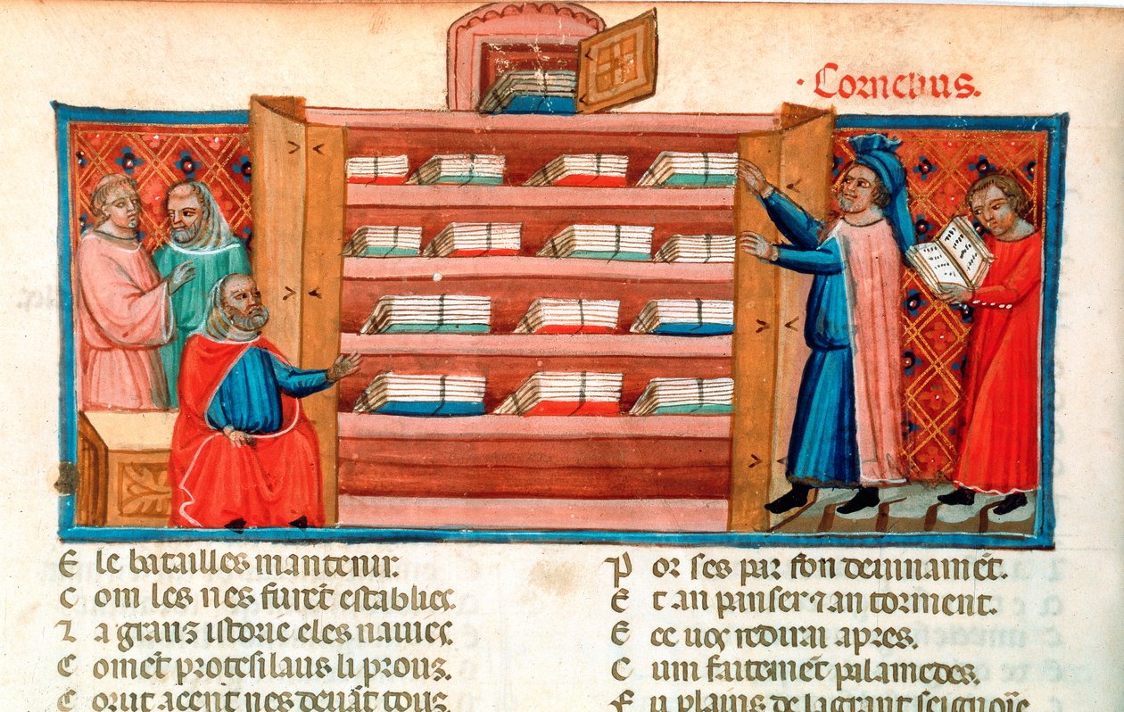 Monniken en studenten in een bibliotheek, 15e eeuw door Unbekannt