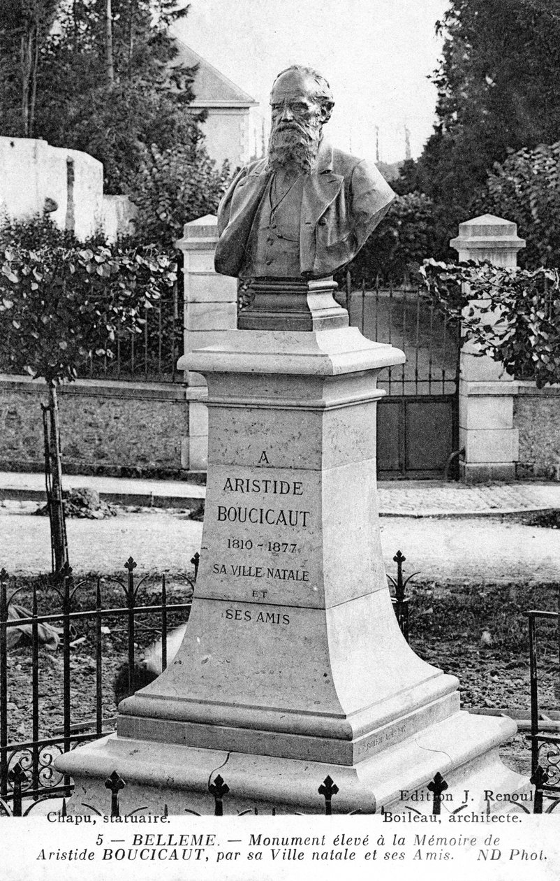 Monument voor Aristide Boucicaut buiten zijn huis in zijn geboortestad Bellême, Frankrijk (litho) door Unbekannt