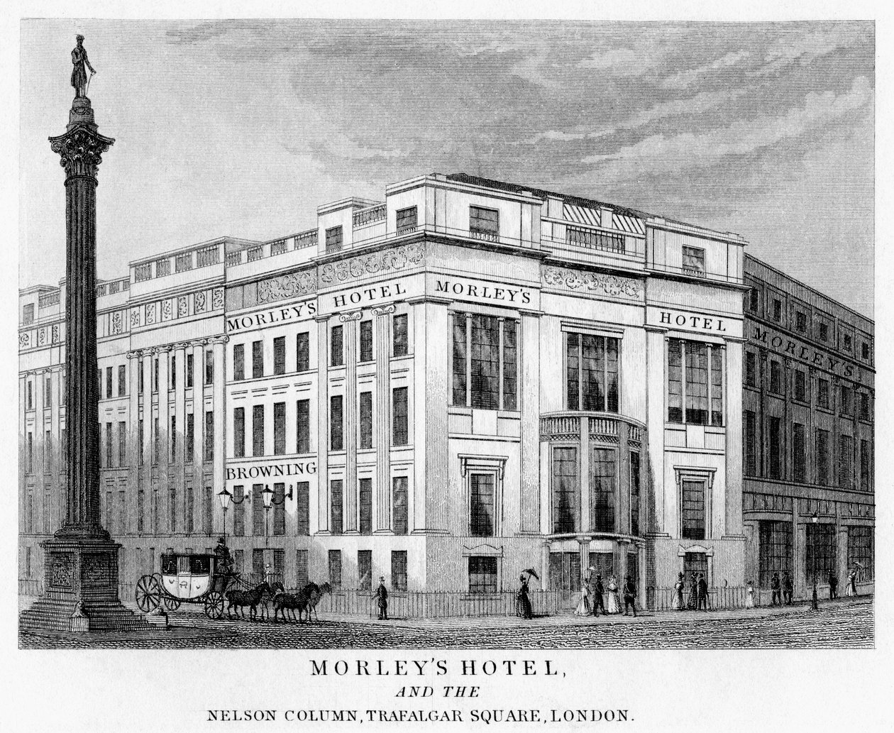 Morleys Hotel en Nelsons Zuil, Trafalgar Square, Westminster, Londen, 19e eeuw door Unbekannt