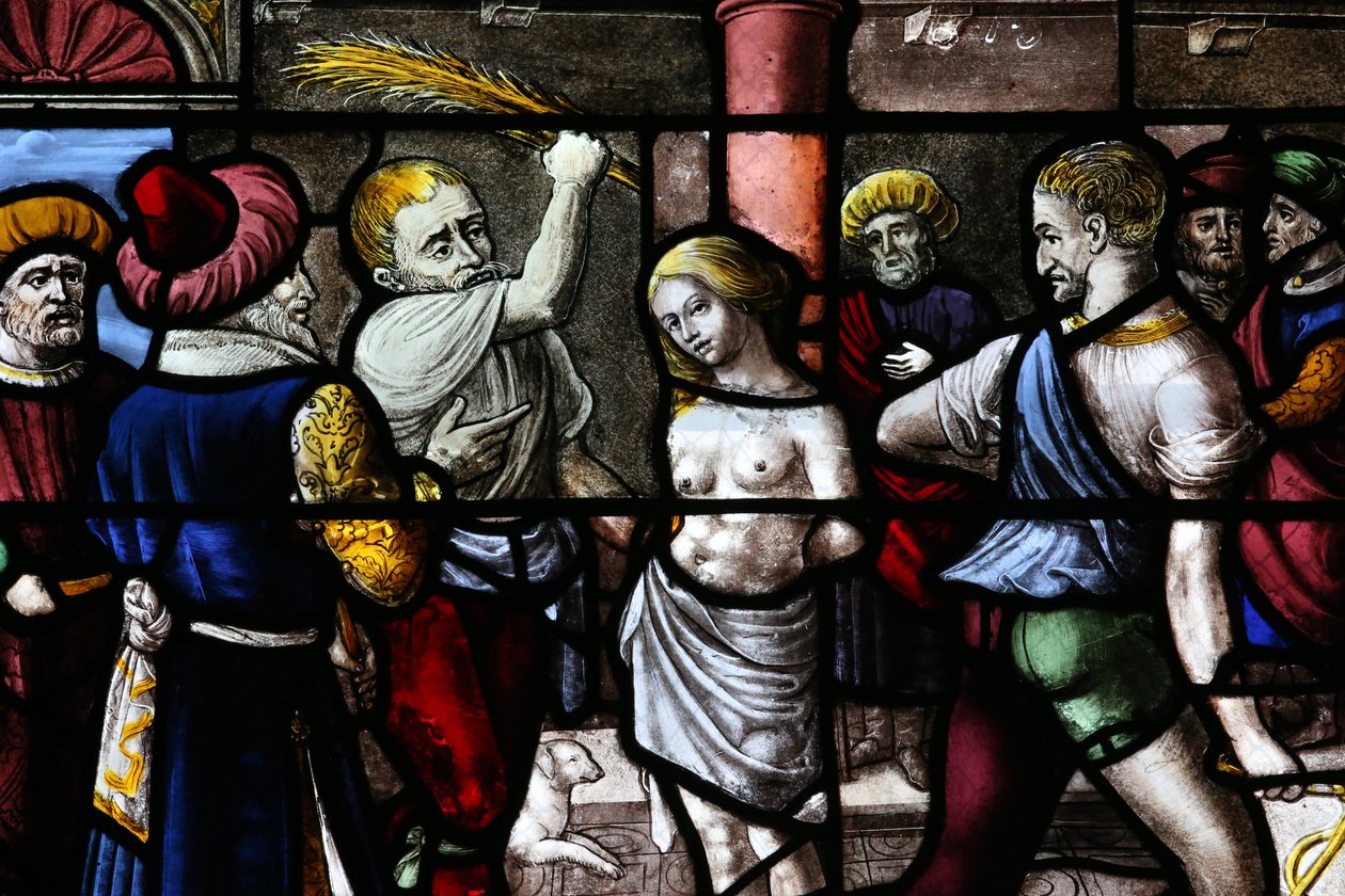 Kathedraal van Moulins. Glas-in-loodraam. Grote martelaar Sint Barbara. Straf, 20160603, Moulins, Europa door Unbekannt