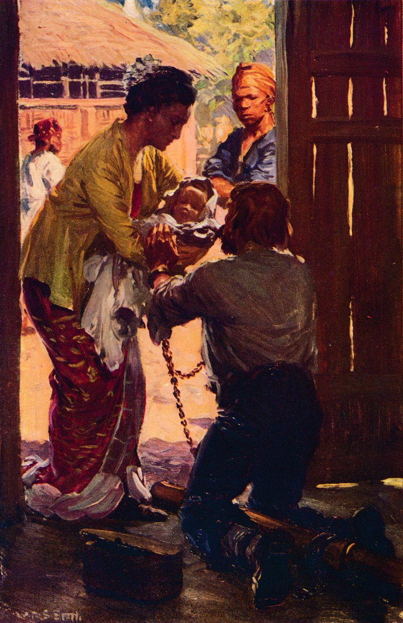 Mevrouw Judson brengt haar kind naar haar geketende echtgenoot, ca. 1912 door Unbekannt