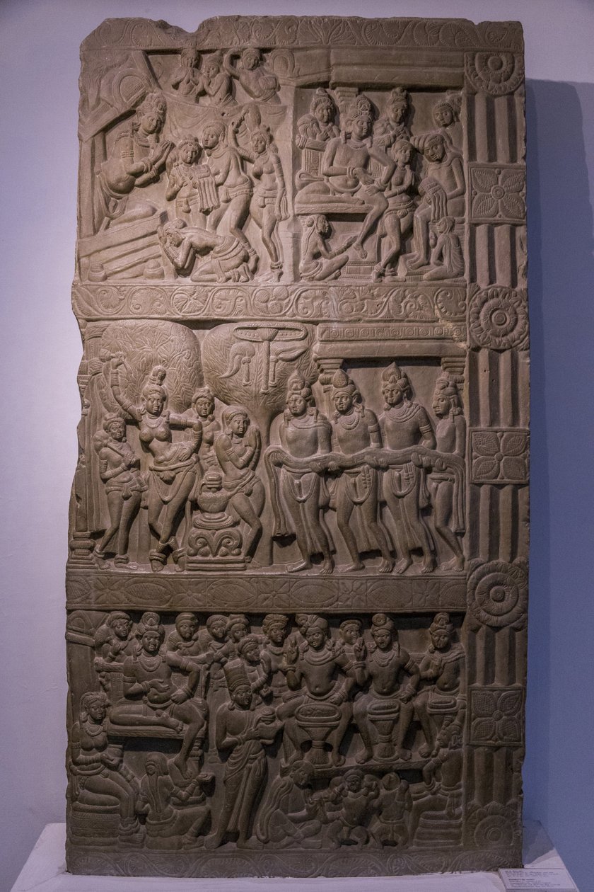 Nationaal museum van India, Delhi. Scènes uit het leven van Boeddha. Ikshvaku, 3e eeuw n.Chr. Nagarjunakonda, Andhra Pradesh. Grijsachtige kalksteen. (detail). India. door Unbekannt