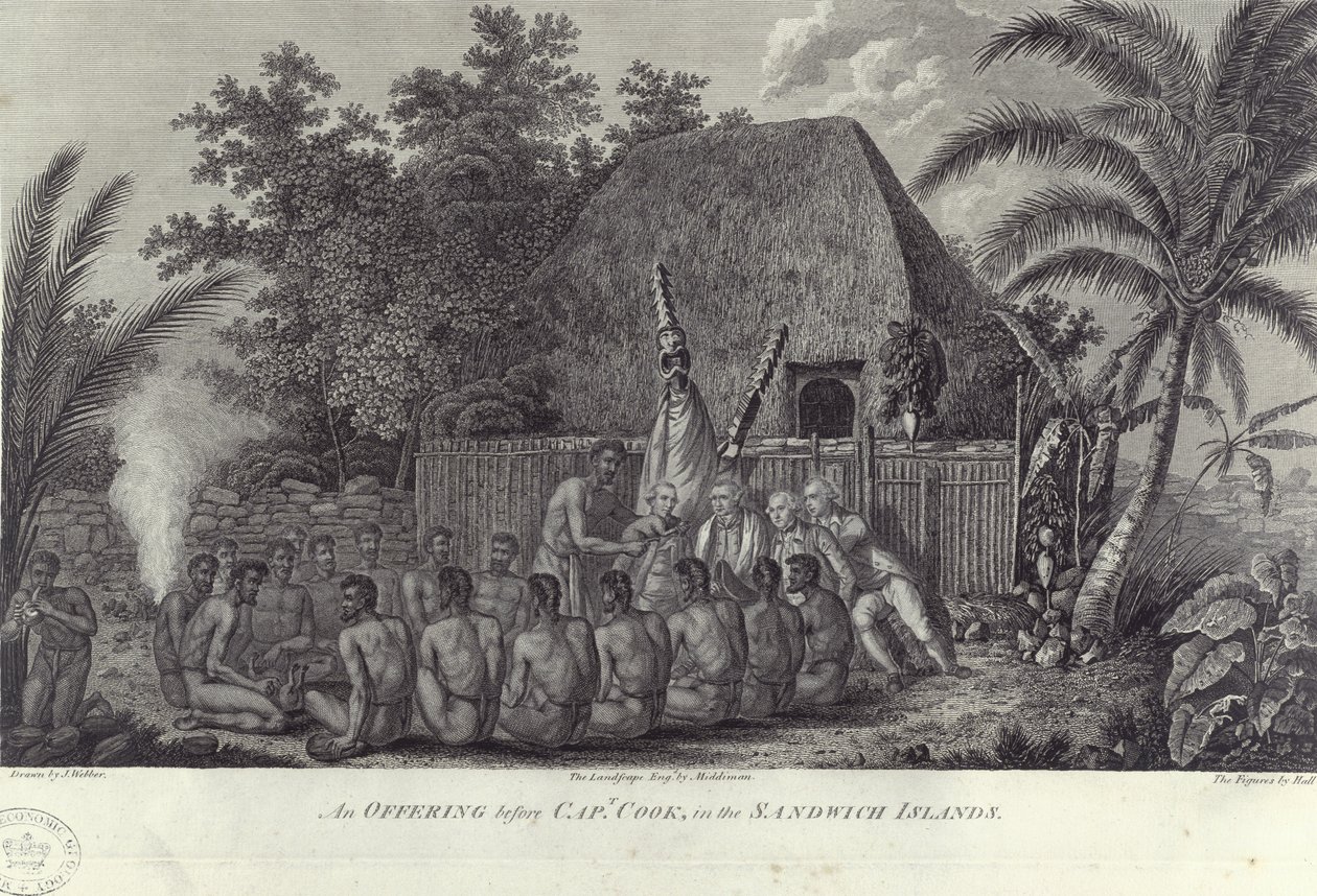 Inboorlingen van de Sandwich Eilanden, Hawaii, slachten varkens voor Kapitein Cook, ca. 1778 door Unbekannt