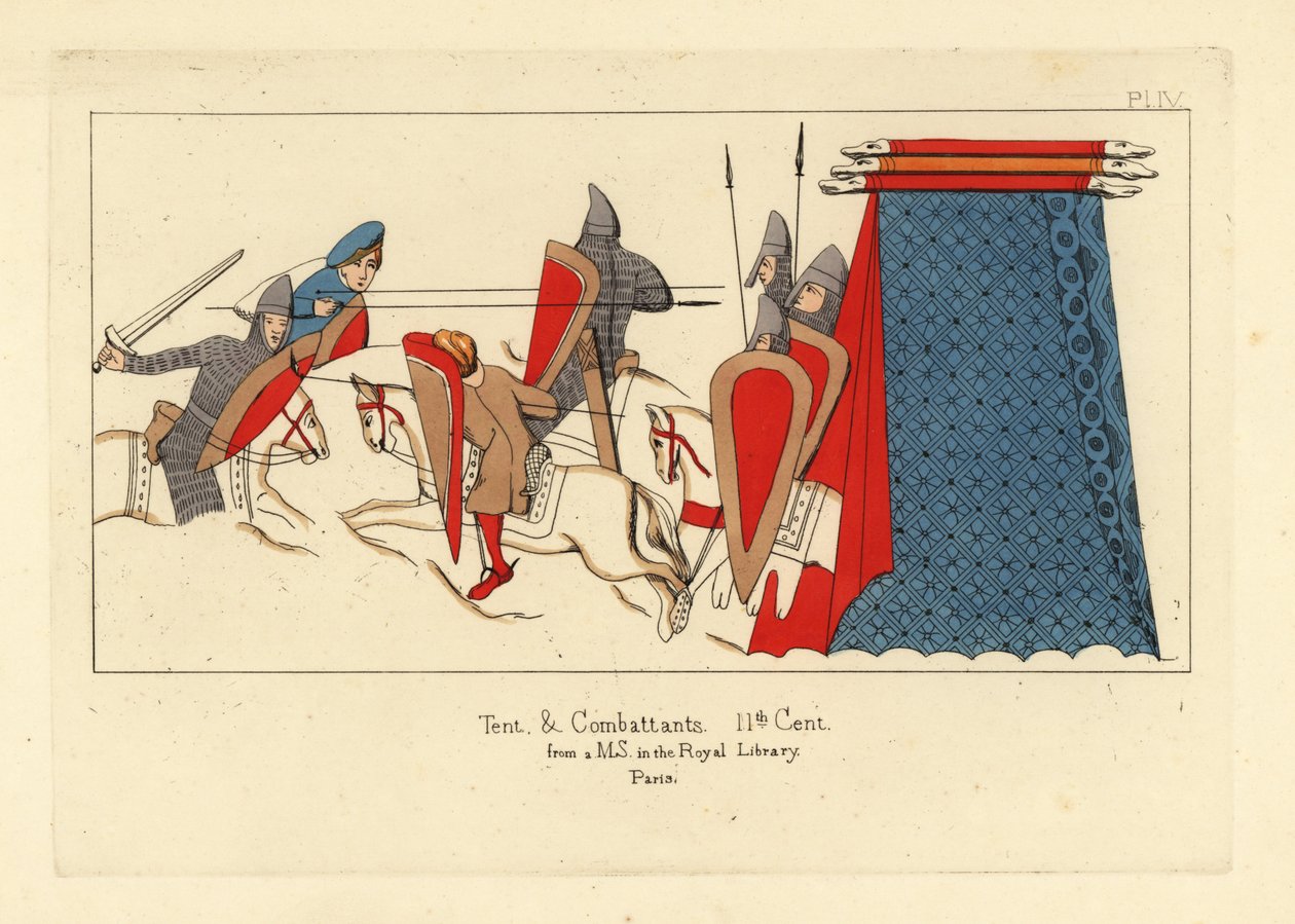 Normandische cavalerie in maliënkolder met zwaarden, schilden en lansen in gevecht, met een militaire tent rechts door Unbekannt