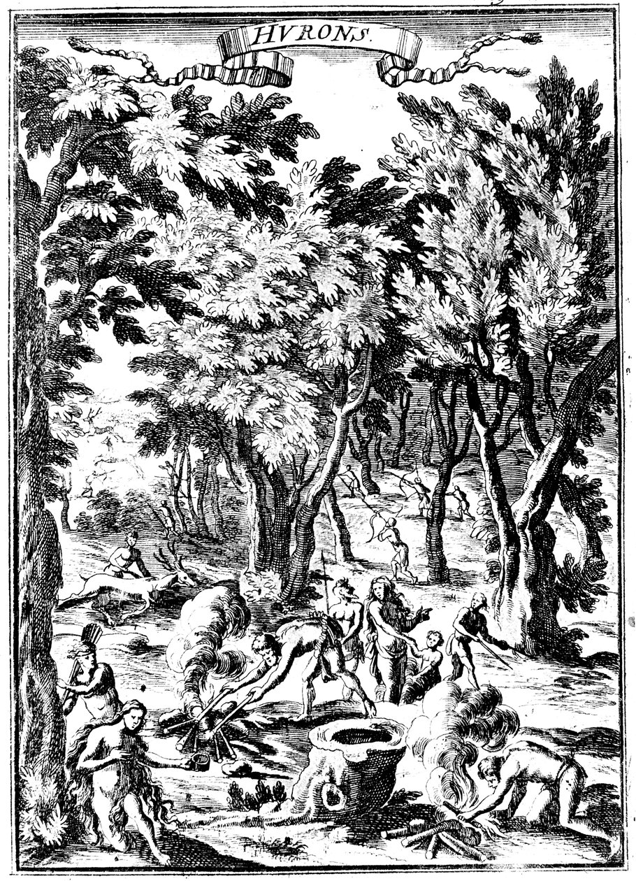 Noord-Amerikaanse Huron-indianen jagen en bereiden voedsel in het bos, 1686 door Unbekannt