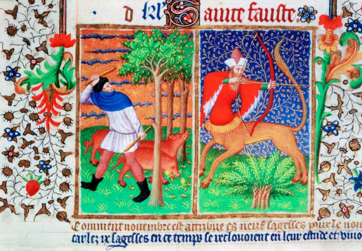 November: varkens voeren, en Boogschutter, ca. 1423 door Unbekannt