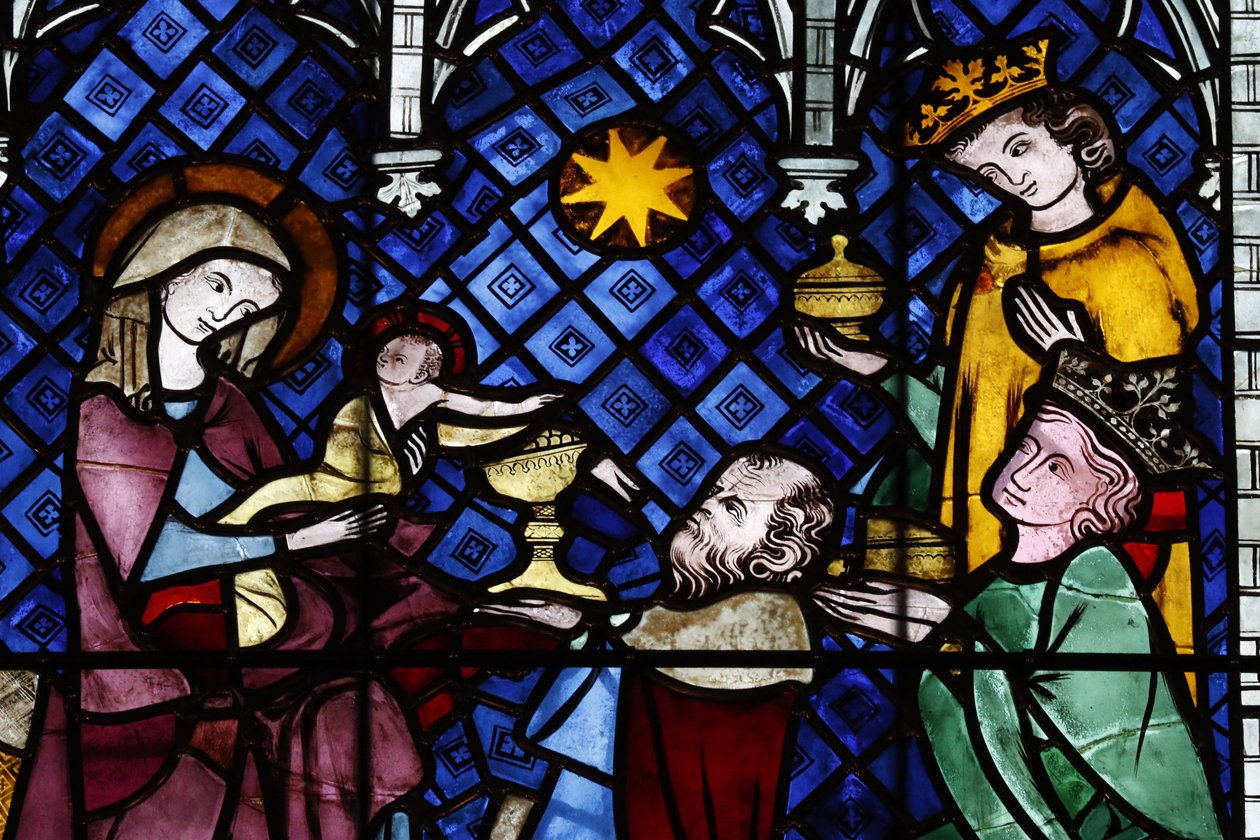 Onze-Lieve-Vrouwekathedraal van Straatsburg. Glas-in-loodraam. De geboorte. Aanbidding der wijzen. 14e eeuw. Straatsburg, Frankrijk door Unbekannt