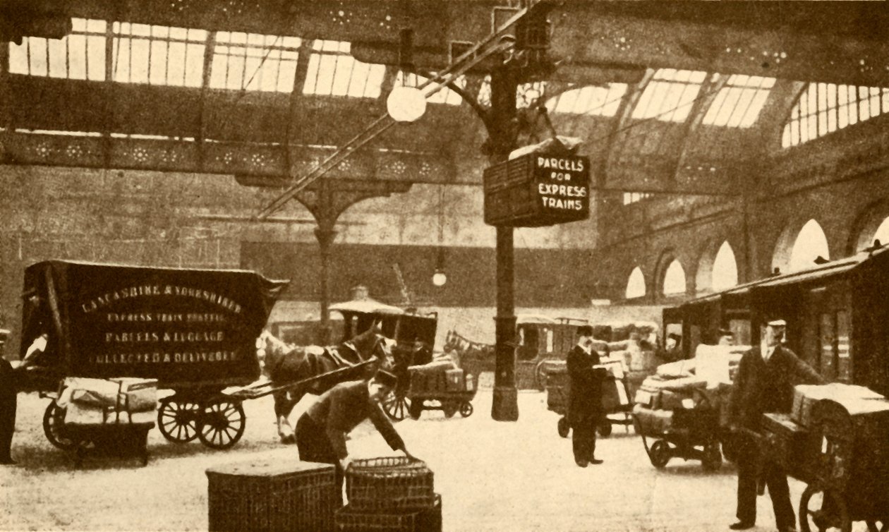Elektrische pakketdrager boven het hoofd, Victoria Station, Manchester, 1930 door Unbekannt