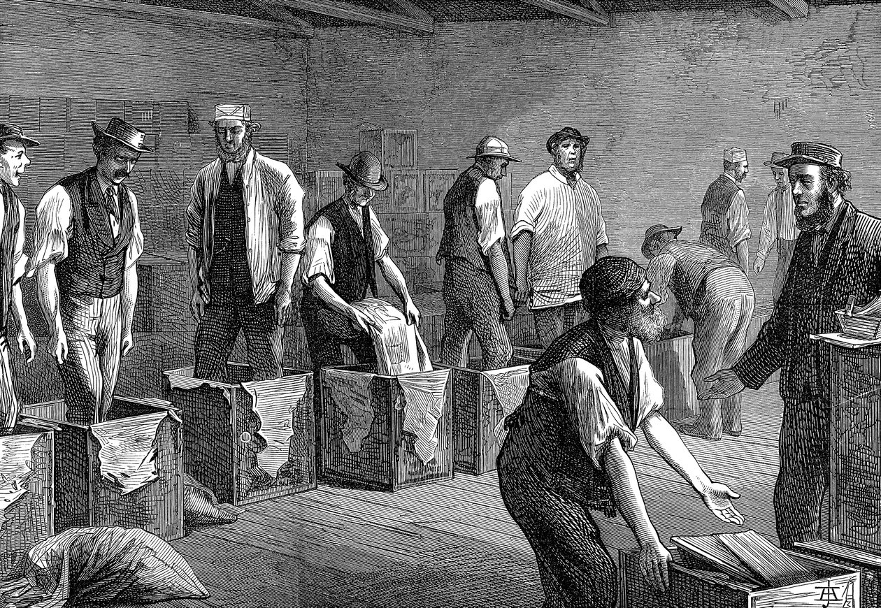 Thee verpakken in de magazijnen van de East & West India Dock Company, Londen, 1874 door Unbekannt
