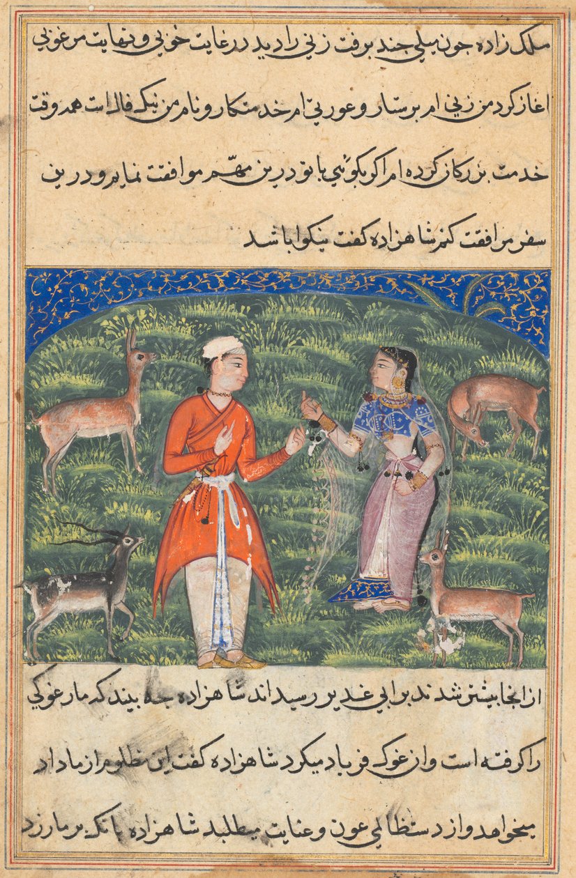 Pagina uit Verhalen van een Papegaai Tuti-nama: Achttiende Nacht: Nikfal, het fortuin..., ca. 1560 door Unbekannt