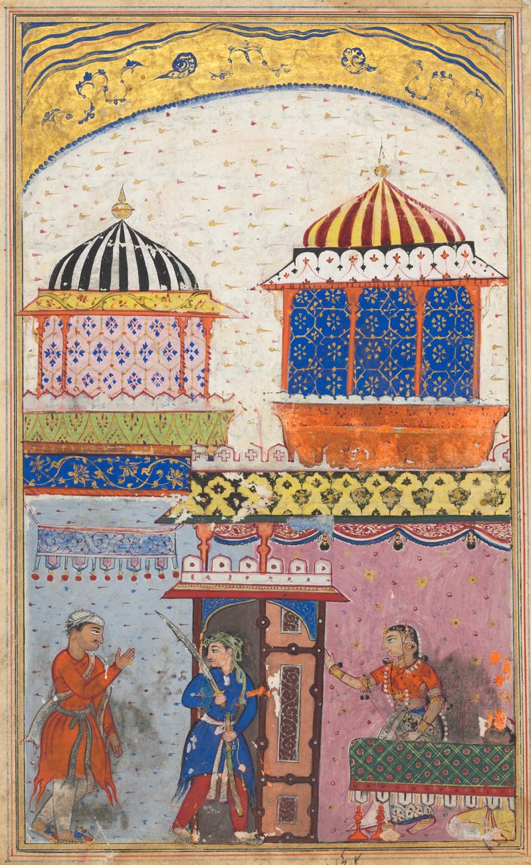 Pagina uit Verhalen van een Papegaai Tuti-nama: Achtste nacht: Een vrouw vraagt haar minnaar te vertrekken..., ca. 1560 door Unbekannt