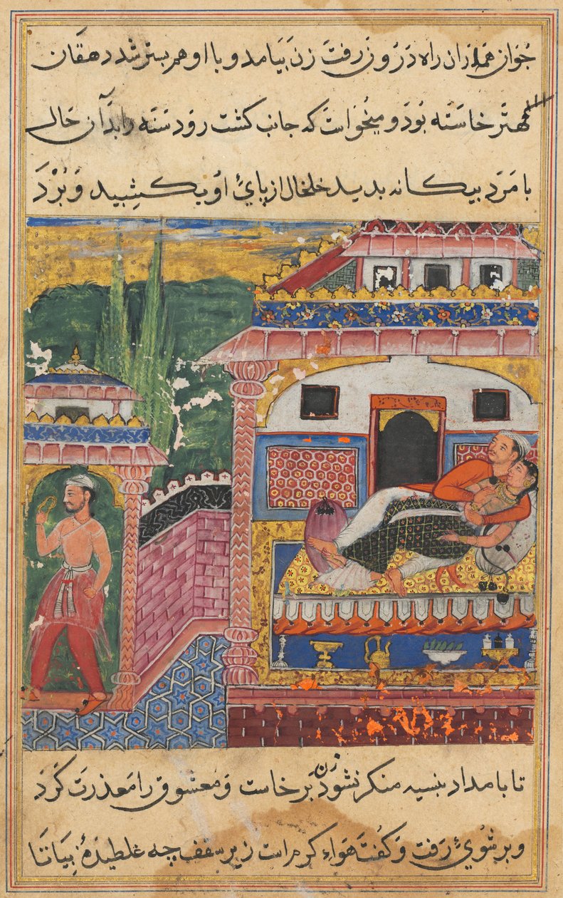 Pagina uit Verhalen van een papegaai Tuti-nama: Achtste nacht: De boer, vader van de zoon..., 1558-1560 door Unbekannt