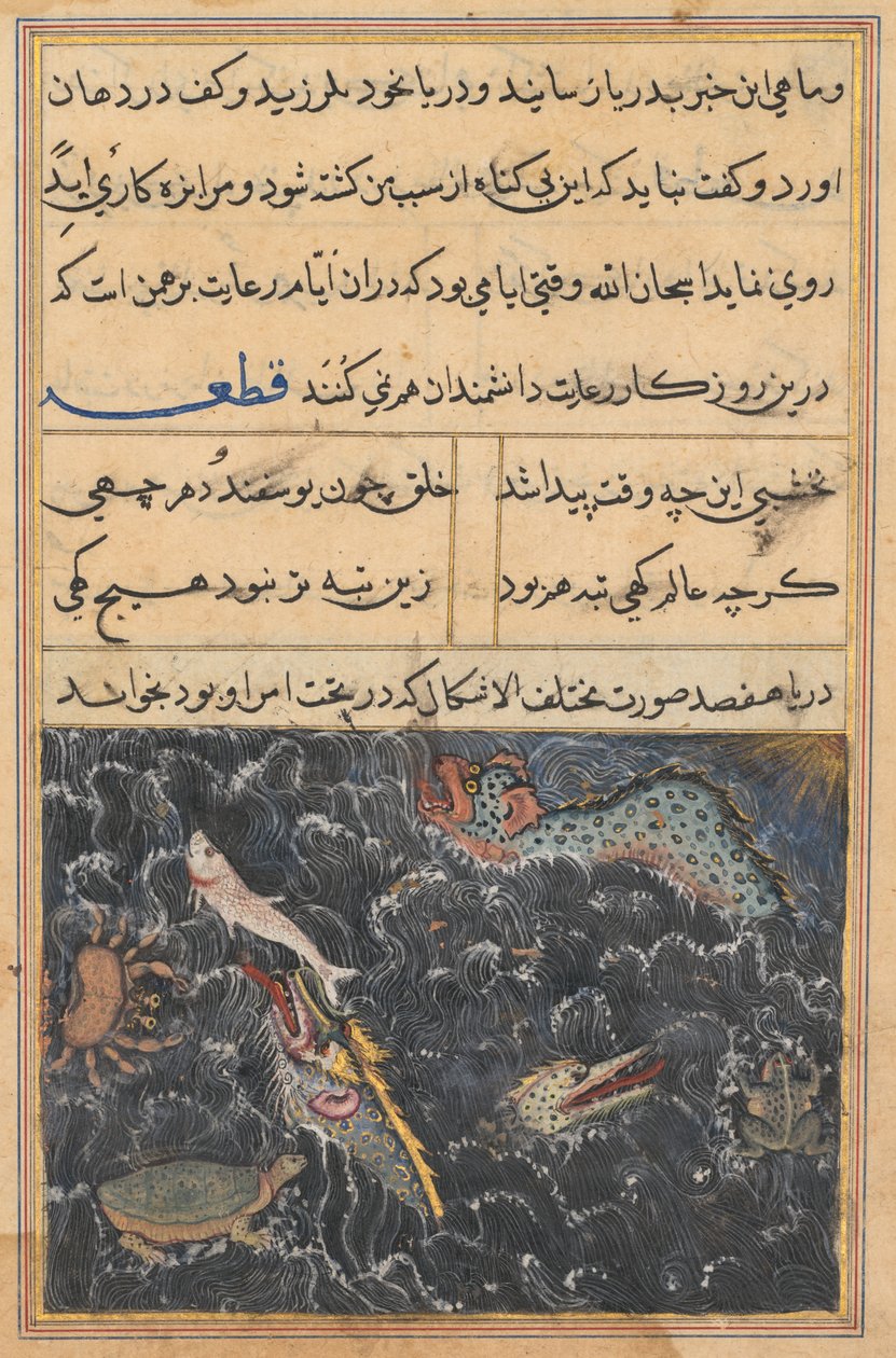 Pagina uit Verhalen van een Papegaai Tuti-nama: Elfde nacht: De wezens van de zee, ca. 1560 door Unbekannt