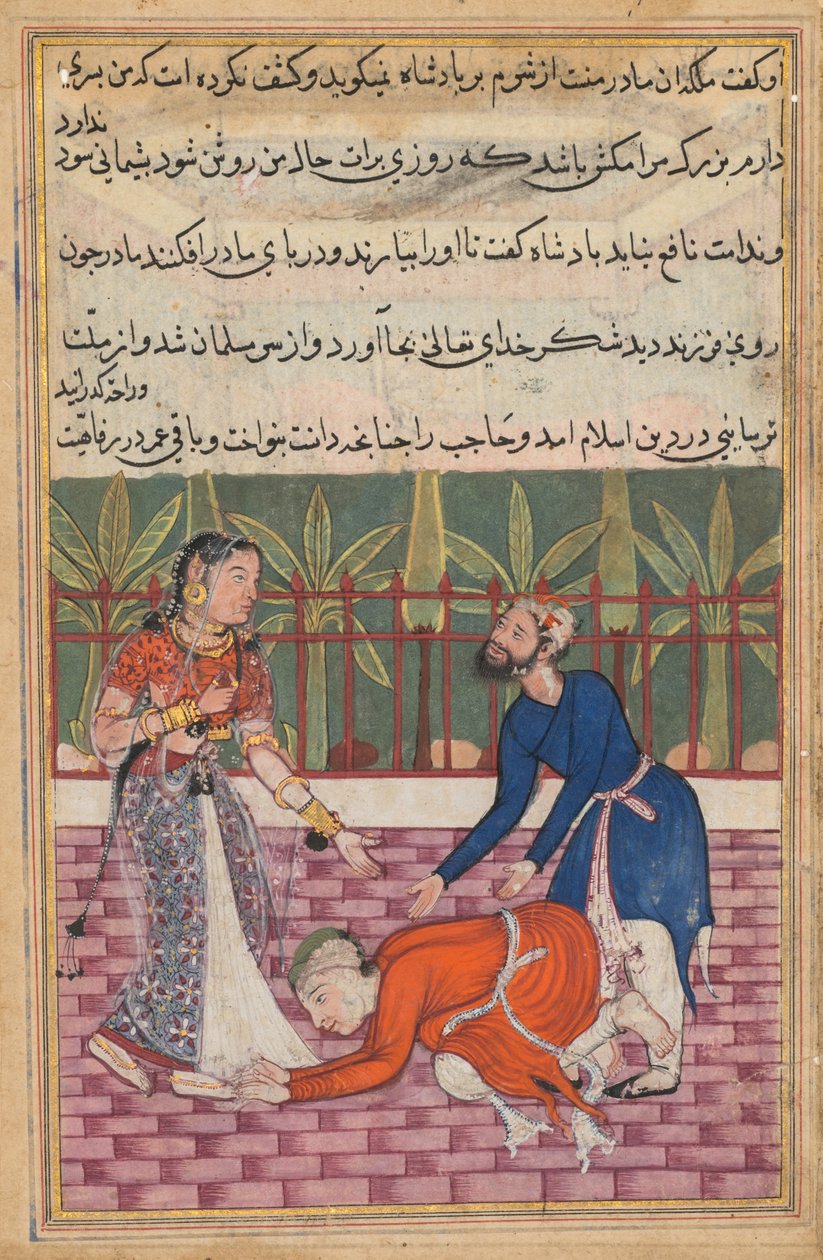 Pagina uit Verhalen van een Papegaai Tuti-nama: Vijftigste nacht: De bewaker herstelt de zoon..., ca. 1560 door Unbekannt